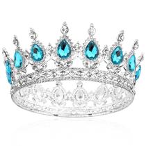 Crown Tiara COCIDE Silver para mulheres e meninas Lake Blue Crystal