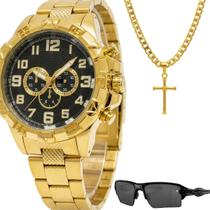 crucifixo cordão aço inoxidável + relogio masculino dourado + oculos feminino sol polarizado grumet religioso ouro 18k crucifixo cordão aço inoxidável + relogio masculino dourado + oculos feminino sol polarizado grumet religioso ouro 18k