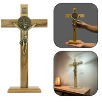 Crucifixo Cruz de Mesa e Parede Medalha de São Bento Madeira 34 cm