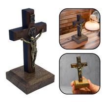 Crucifixo Cruz Mesa Medalha São Miguel Arcanjo Madeira 7 cm Crucifixo Cruz Mesa Medalha São Miguel Arcanjo Madeira 7 cm
