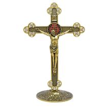 Crucifixo de mesa Medalha de São Bento em Ouro Velho com Strass 24 cm AR258