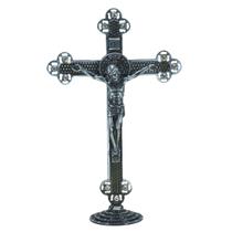 Crucifixo De Mesa Medalha São Bento Prata Velha Strass 25 Cm