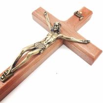 Crucifixo de parede madeira metal dourado tradicional 19 cm