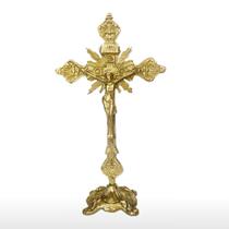 Crucifixo Dourado Bronze Altar Mesa Trabalhado Igreja 32 Cm