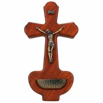 Crucifixo Madeira Católico Porta Água Benta 22cm Crucifixo Madeira Católico Porta Água Benta 22cm