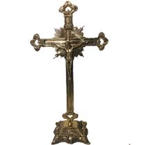 Crucifixo Mesa Altar Em Bronze Todo Trabalhado Artesanal