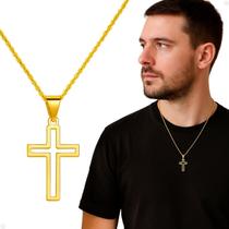 crucifixo pingente + cordao aco inoxidavel banhado qualidade premium estiloso social dourado catolico presente casual