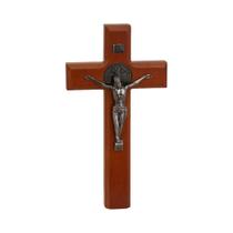 Cruz Cristã Ortodoxa Artesanal De Madeira Com Corpus De Jesus Em Liga De Zinco E Medalha De São