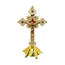 Cruz Crucifixo Mesa e Parede Dourado Metal Pedestal cm