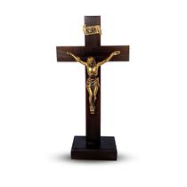 Cruz de Madeira com Base Crucifixo de Mesa com Cristo 24,5 cm Com Pedestal Para Altar Sala Quarto de Mesa com Pézinho