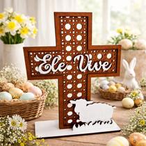 Cruz Decorativa Ele Vive em MDF 25cm Decoração Cristã de Páscoa para Mesa Cruz Decorativa Ele Vive em MDF 25cm Decoração Cristã de Páscoa para Mesa