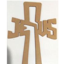 Cruz Escrito Jesus - MDF - Cru - Geometrico Vazado - 30x20cm