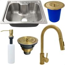 Cuba 50x40 Gourmet Inox 304 Torneira Alta Monocomando Dourada Lixeira De Embutir 5L Porta Detergente 500ml Valvula E Sifão Kit Cozinha Completa