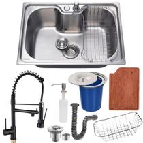 Cuba 50x40cm aço inox304 com torneira black tábua e lixeira