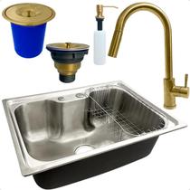Cuba 60x42 Gourmet Inox 304 Torneira Alta Monocomando Dourada Lixeira De Embutir 5l Porta Detergente 500ml Valvula E Sifão Kit Cozinha Completa
