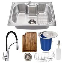Cuba 60x42 inox escovado + torneira flexível tábua e lixeira Cuba 60x42 inox escovado + torneira flexível tábua e lixeira