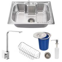 Cuba 60x42cm aço inox escovado + torneira escovada e lixeira
