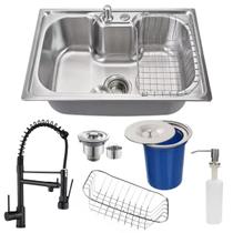 Cuba 60x42cm em inox 304 + torneira gourmet preta e lixeira