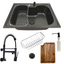 Cuba 60x42cm inox black com torneira de parede preta e tábua Cuba 60x42cm inox black com torneira de parede preta e tábua