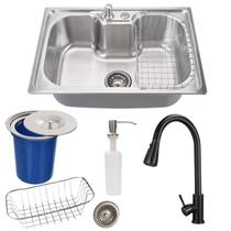 Cuba 60x42cm inox escovado +torneira gourmet preta e lixeira