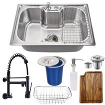 Cuba 60x42cm inox304 + torneira parede preta tábua e lixeira Cuba 60x42cm inox304 + torneira parede preta tábua e lixeira