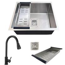 Cuba aço inox 304 quadrada 44x44 e torneira preta extensível