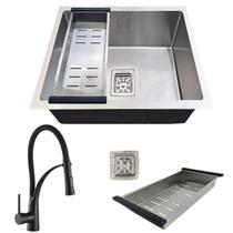 Cuba aço inox 304 quadrada 44x44cm e torneira flexível preta