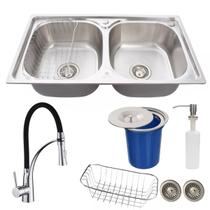 Cuba aço inox dupla escovada com torneira flexível e lixeira