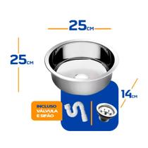 Cuba As Redonda Cozinha 25cm Aço Inox 304 Válvula E Sifão