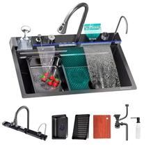 Cuba Cascata Premium Gourmet Multifuncional Smart Pia Cozinha Completa Com Lavador De Copos E Torneira Monocomando Aço Inox 304 Cor Preta Brinovar