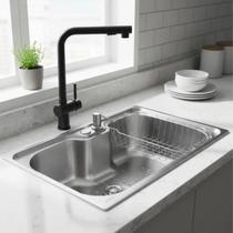 Cuba cozinha 60x42 inox escovado + torneira extensível preta