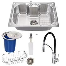 Cuba cozinha 60x42cm em inox escovado com torneira e lixeira