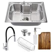 Cuba cozinha 60x42cm inox 304 com torneira flexível e tábua