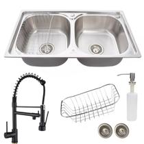 Cuba cozinha dupla inox escovado com torneira gourmet black