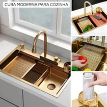 Cuba Cozinha Gourmet Pia Aço Inox Dupla Quadrada Dourado Gold Torneira Fixa