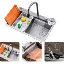 Cuba Cozinha Gourmet Pia Aço Inox Dupla Quadrada Dourado Torneira Fixa