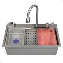 Cuba cozinha gourmet premium cascata com torneira e acessórios aço inox 201 cinza