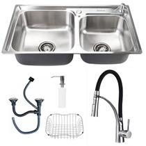 Cuba Cozinha Prata Gourmet Quadrada Acessórios Pia Aço Inox + Torneira Monocomando Flexível Silicone