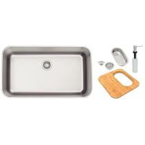 Cuba de Embutir Dora 70 BL R6 em Aço Inox Acetinado com Válvula Ø 4 1/2 , Tábua de Madeira, Cesto coador e Dosador de Sabão 500 ml Tramontina Cuba de Embutir Dora 70 BL R6 em Aço Inox Acetinado com Válvula Ø 4 1/2 , Tábua de Madeira, Cesto coador e Dosador de Sabão 500 ml Tramontina
