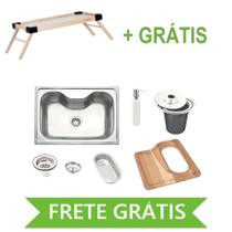 Cuba de Sobrepor Morgana 69x49 cm em Aço Inox com Lixeira de Embutir 5 L, Tábua de Madeira, Dosador de Sabão, Cesto Coador e Válvula Tramontina 94990/ Cuba de Sobrepor Morgana 69x49 cm em Aço Inox com Lixeira de Embutir 5 L, Tábua de Madeira, Dosador de Sabão, Cesto Coador e Válvula Tramontina 94990/