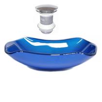 Cuba de vidro abaulada 45cm azul escuro + valvula click