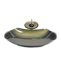 Cuba de vidro abaulada 45cm ouro envelhecido + valvula + torneira cascata