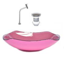 Cuba de vidro abaulada 45cm rosa + valvula + torneira - Cubas e Gabinetes
