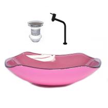 Cuba de vidro abaulada 45cm rosa + valvula + torneira preta