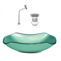 Cuba de vidro abaulada 45cm verde + valvula + torneira