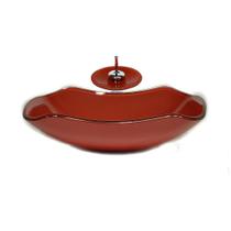 Cuba de vidro abaulada 45cm vermelho cereja + valvula + torneira cascata