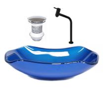 Cuba de vidro abaulada 51cm azul escuro + valvula + torneira preta Cuba de vidro abaulada 51cm azul escuro + valvula + torneira preta