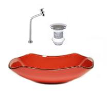 Cuba de vidro abaulada 51cm vermelho ferrari + valvula + torneira