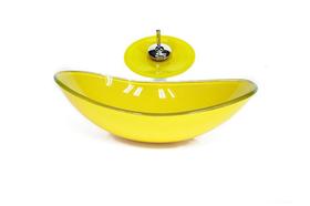 Cuba de vidro oval 47cm amarela + valvula + torneira cascata