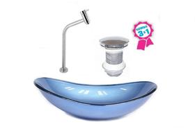 Cuba de vidro oval 47cm azul + válvula click + torneira de metal Cuba de vidro oval 47cm azul + válvula click + torneira de metal